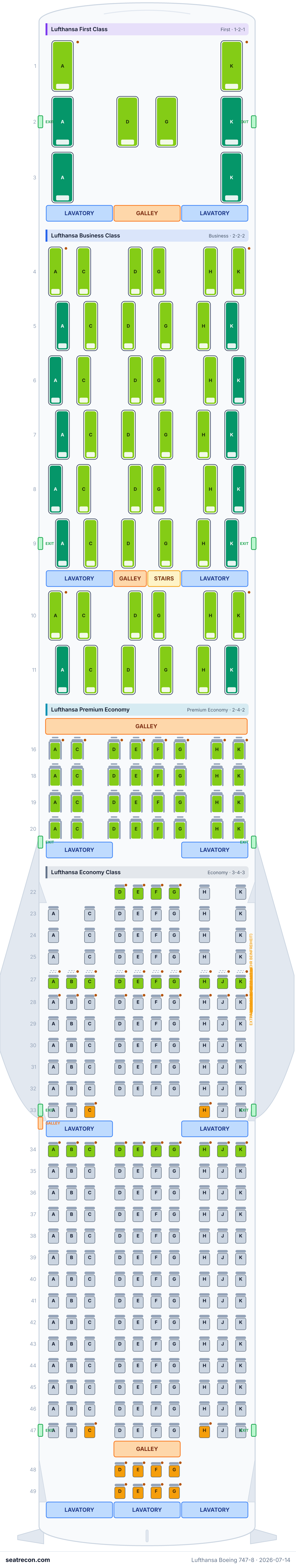 Lufthansa Boeing 747-8 seat map diagram — Lufthansa First Class, Lufthansa Business Class, Lufthansa Premium Economy, Lufthansa Economy Class (364 seats)