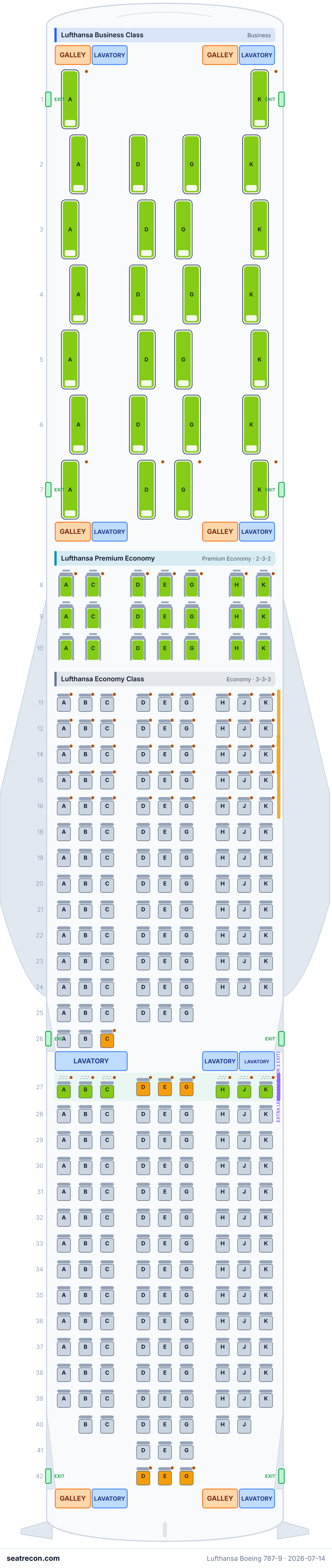 Lufthansa Boeing 787-9 seat map diagram — Lufthansa Business Class, Lufthansa Premium Economy, Lufthansa Economy Class (294 seats)