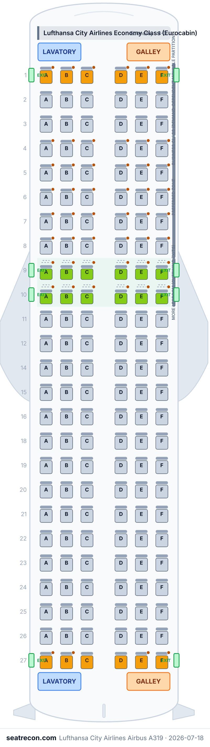 Lufthansa City Airlines Airbus A319 seat map diagram — Lufthansa City Airlines Economy Class (Eurocabin) (150 seats)