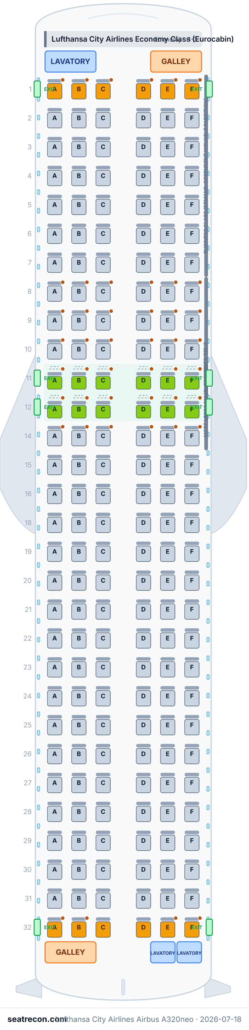 Lufthansa City Airlines Airbus A320neo seat map diagram — Lufthansa City Airlines Economy Class (Eurocabin) (180 seats)