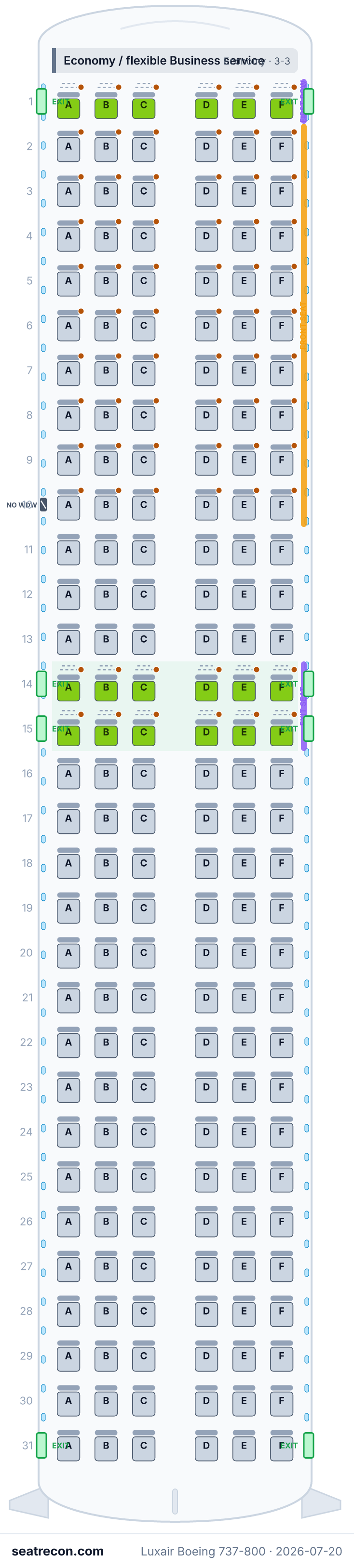 Mapa de asientos del Boeing 737-800 de Luxair (18N/168Y)