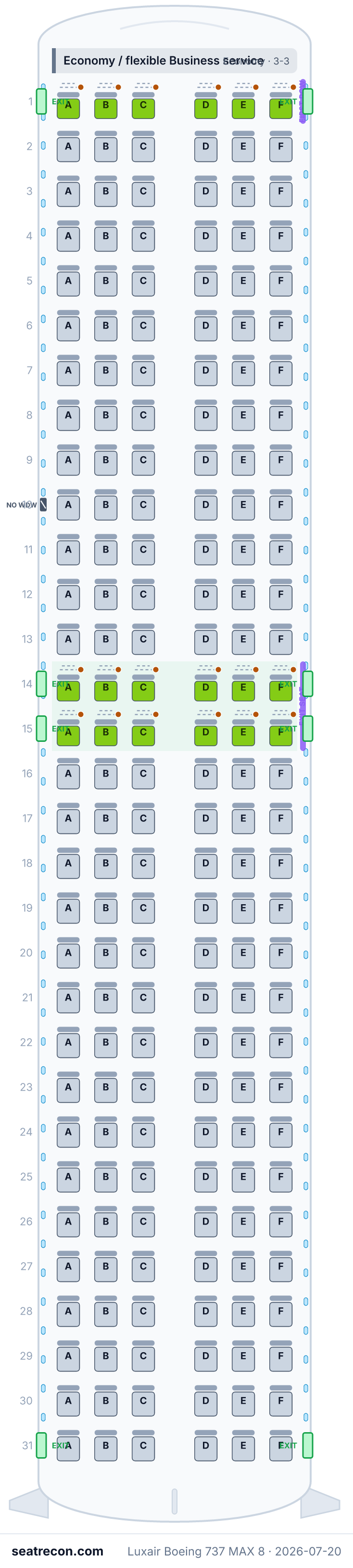 Mapa de asientos del Boeing 737 MAX 8 de Luxair (18N/168Y)