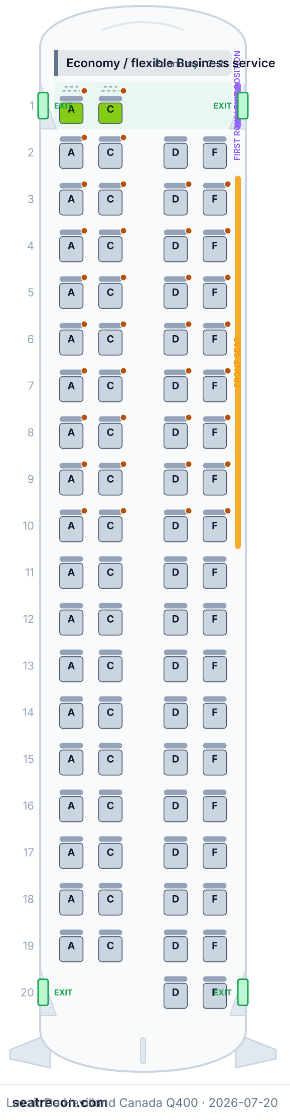 Luxair De Havilland Canada Q400 seat map (2N/74Y)