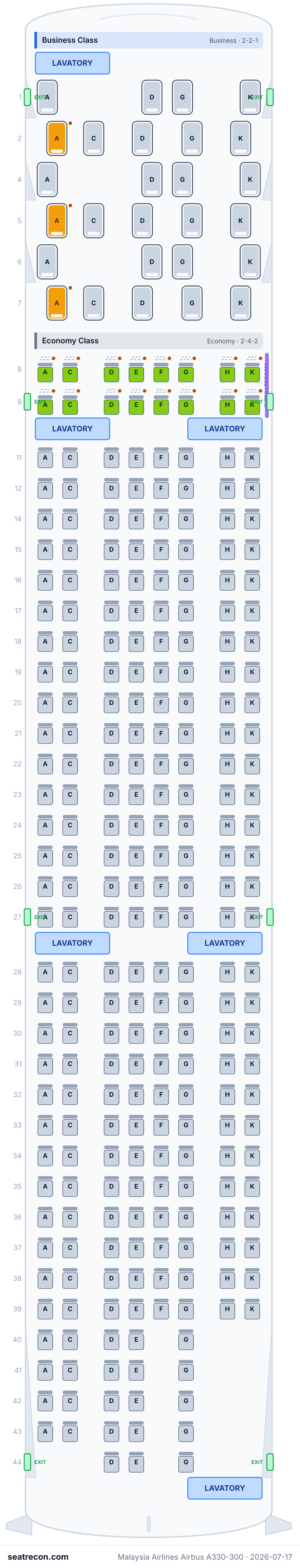 Malaysia Airlines Airbus A330-300 seat map diagram — Business Class, Economy Class (290 seats)