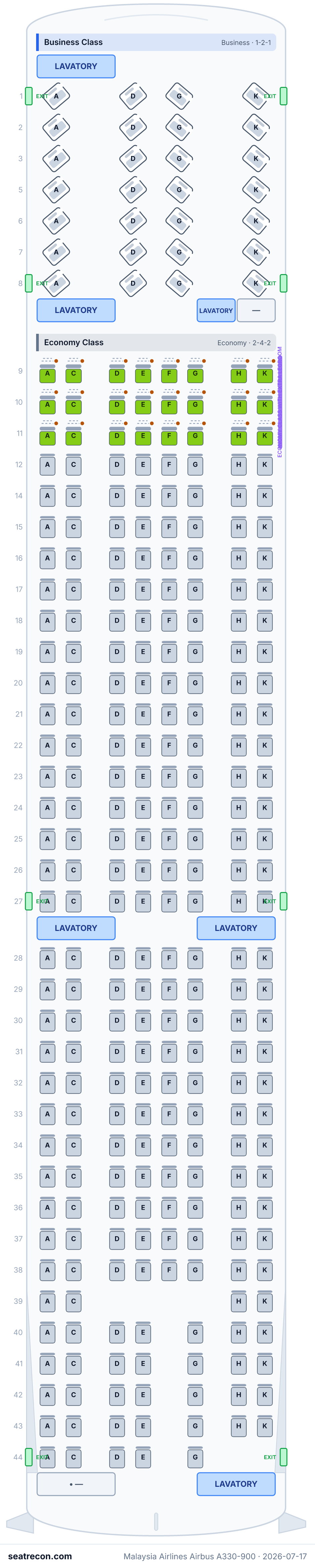 Malaysia Airlines Airbus A330-900 seat map diagram — Business Class, Economy Class (297 seats)