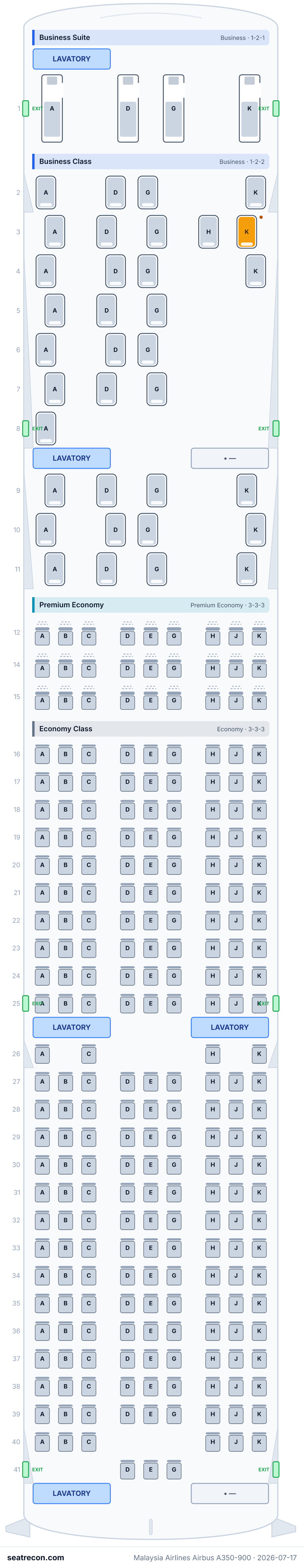 Malaysia Airlines Airbus A350-900 seat map diagram — Business Suite, Business Class, Premium Economy, Economy Class (286 seats)