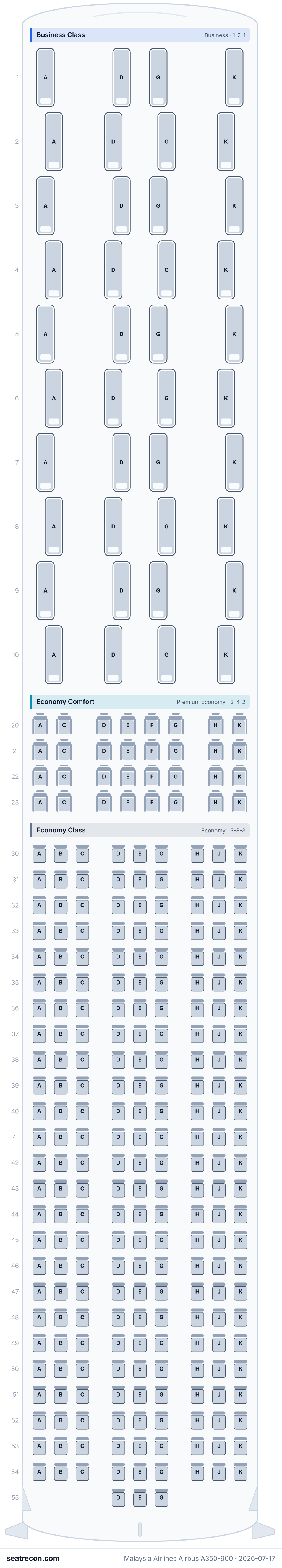 Malaysia Airlines Airbus A350-900 seat map diagram — Business Class, Economy Comfort, Economy Class (300 seats)