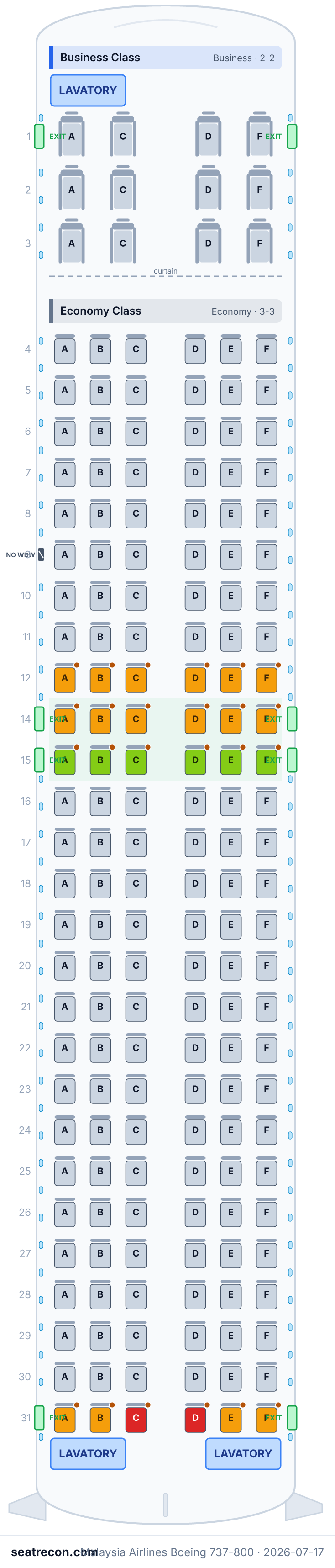 Malaysia Airlines Boeing 737-800 seat map diagram — Business Class, Economy Class (174 seats)