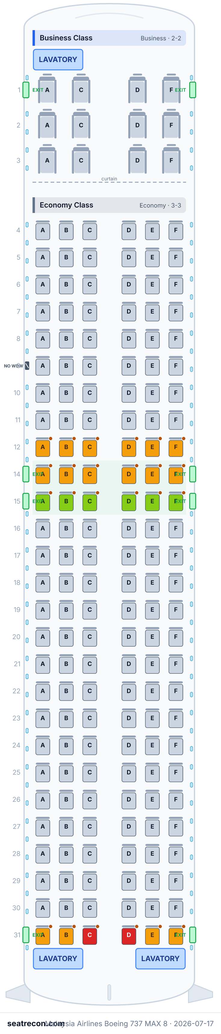 Malaysia Airlines Boeing 737 MAX 8 seat map diagram — Business Class, Economy Class (174 seats)