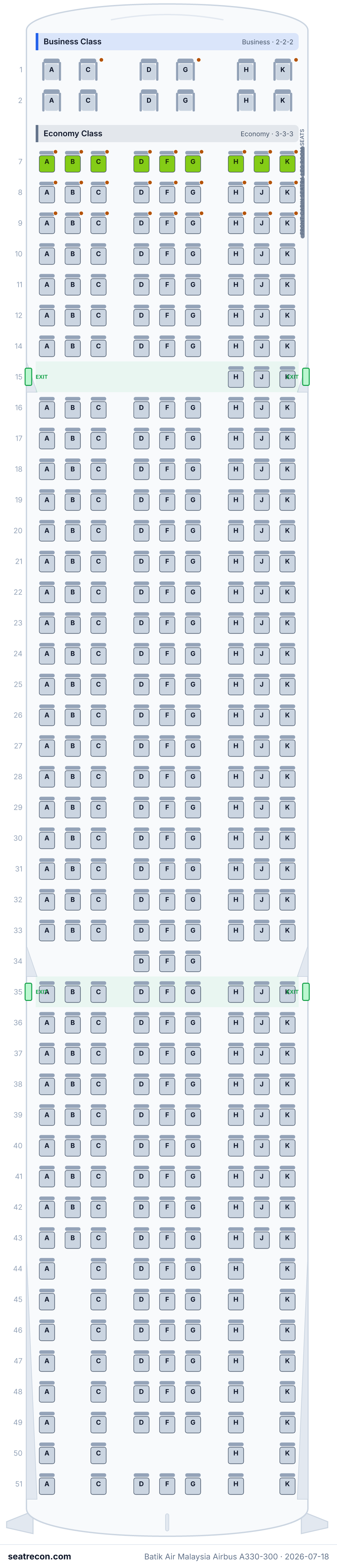 Batik Air Malaysia Airbus A330-300 seat map diagram — Business Class, Economy Class (377 seats)