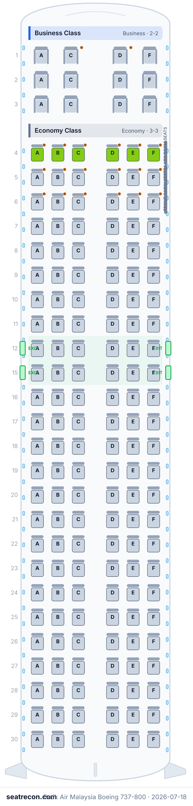 Batik Air Malaysia Boeing 737-800 seat map diagram — Business Class, Economy Class (162 seats)