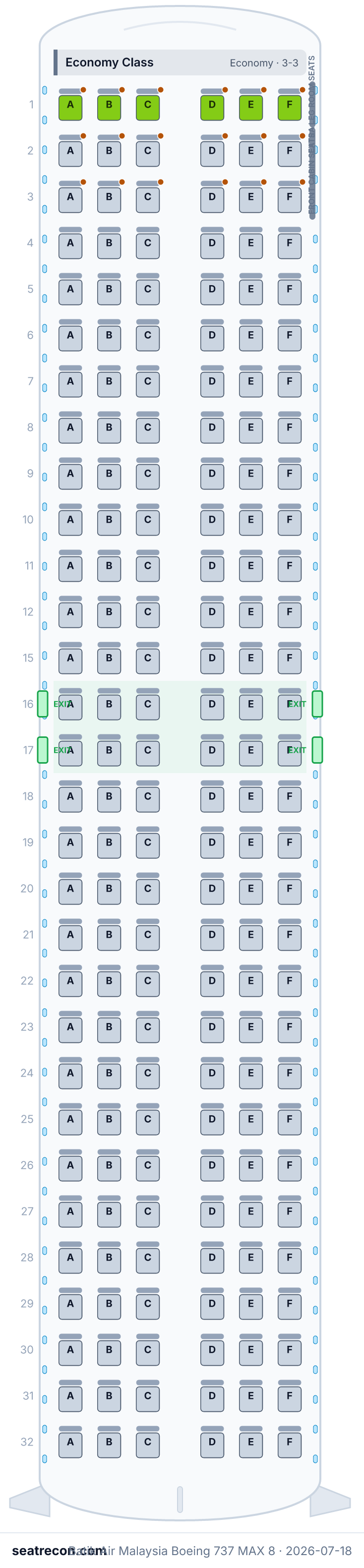 Batik Air Malaysia Boeing 737 MAX 8 seat map diagram — Economy Class (180 seats)