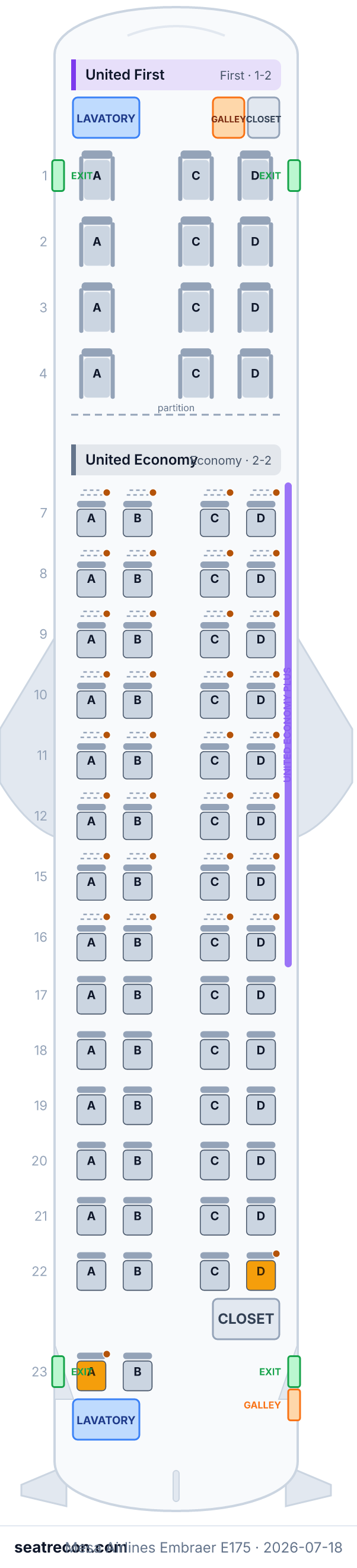 Mesa Airlines Embraer E175 seat map diagram — United First, United Economy (70 seats)