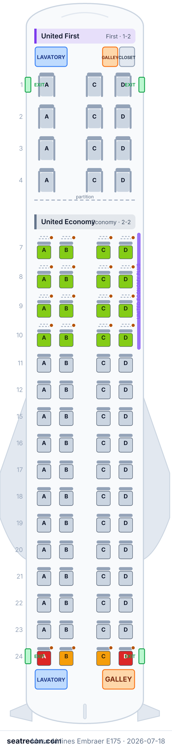 Mesa Airlines Embraer E175 seat map diagram — United First, United Economy (76 seats)