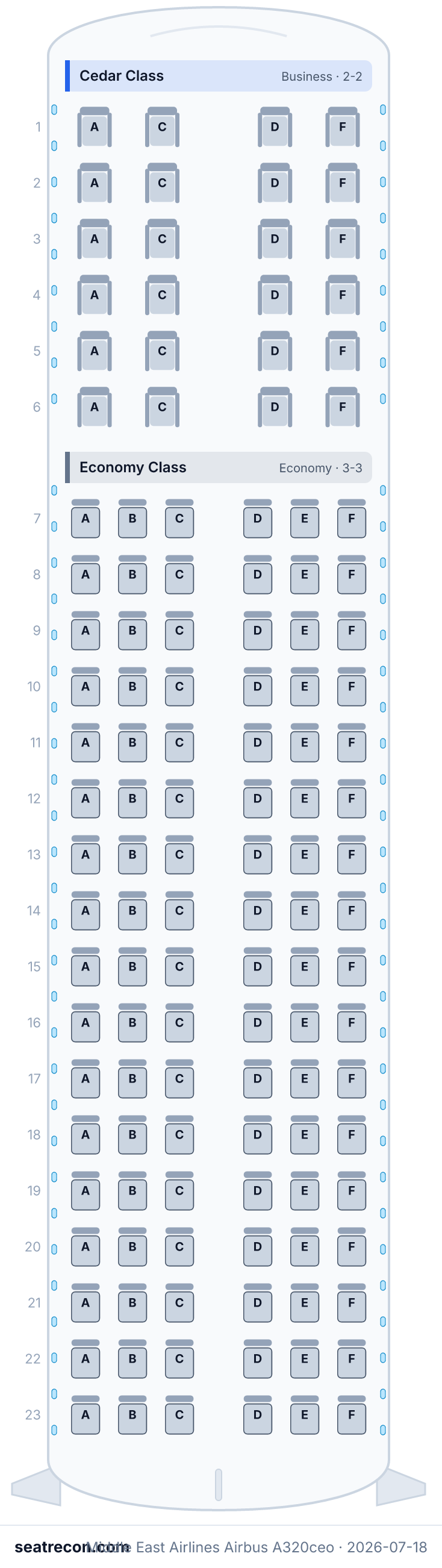 Middle East Airlines Airbus A320ceo seat map diagram — Cedar Class, Economy Class (126 seats)
