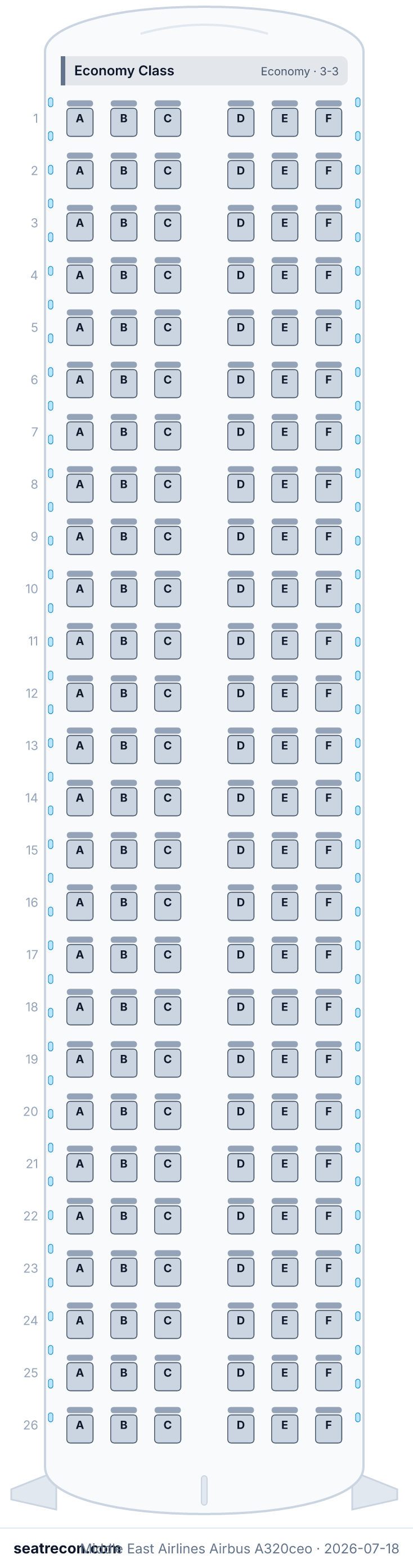 Middle East Airlines Airbus A320ceo seat map diagram — Economy Class (156 seats)
