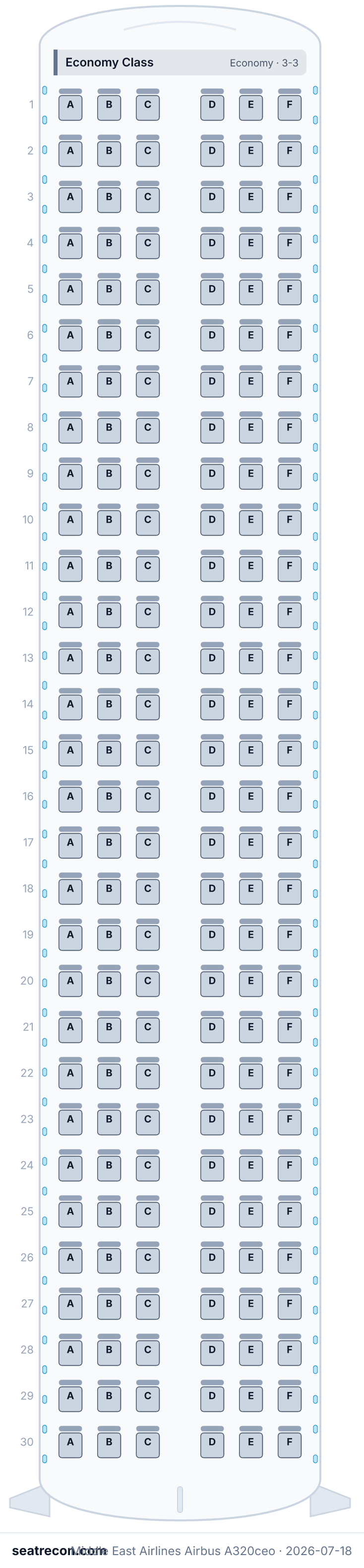 Middle East Airlines Airbus A320ceo seat map diagram — Economy Class (180 seats)