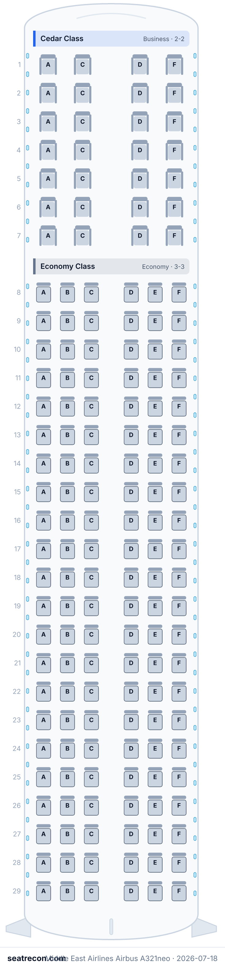 Middle East Airlines Airbus A321neo seat map diagram — Cedar Class, Economy Class (160 seats)