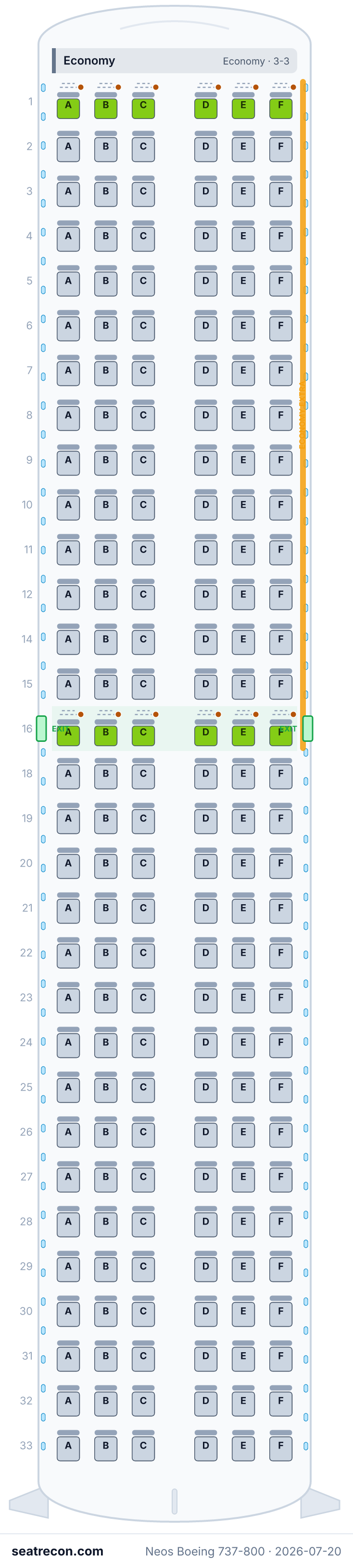 Neos Boeing 737-800 seat map (12N/174Y)