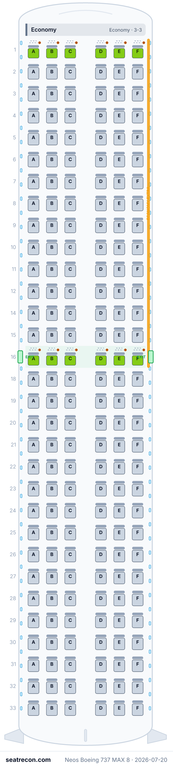 Neos Boeing 737 MAX 8 seat map (12N/174Y)