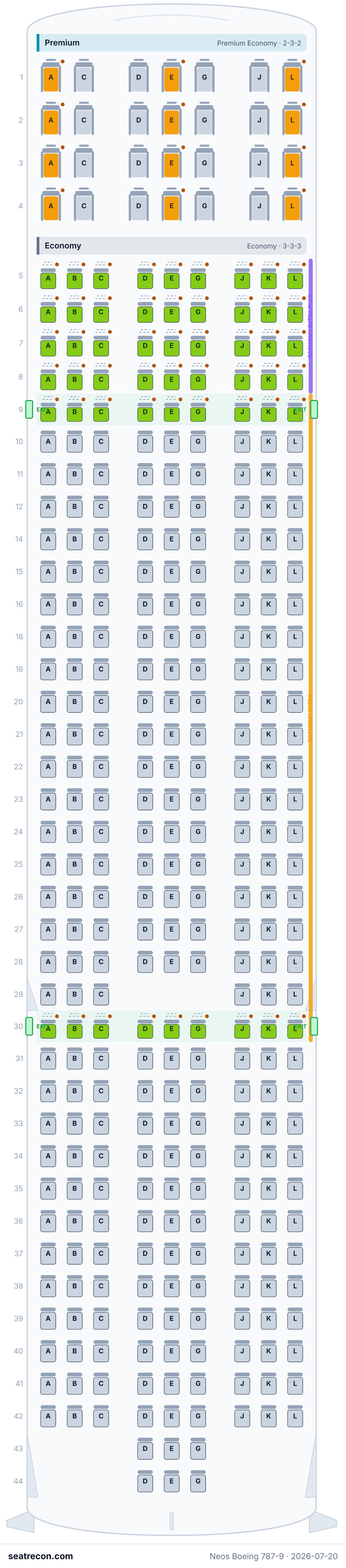 Neos Boeing 787-9 seat map (28W/54N/273Y)