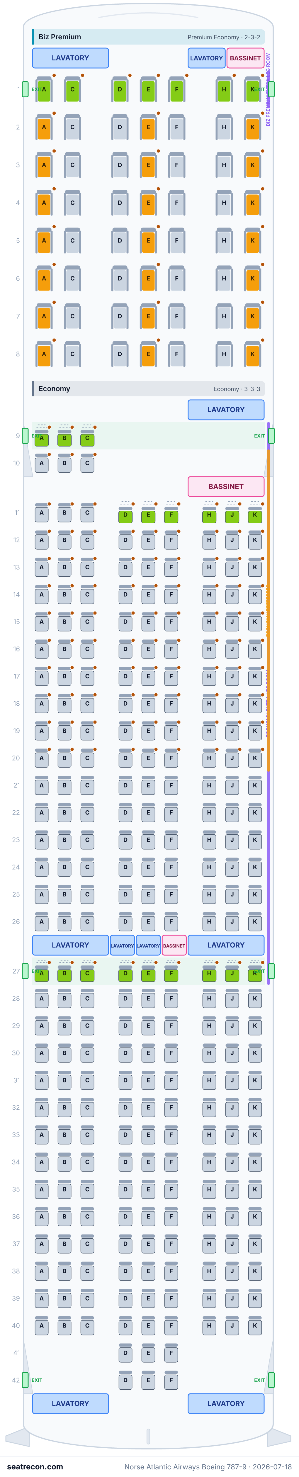 Norse Atlantic Airways Boeing 787-9 seat map diagram — Biz Premium, Economy (338 seats)