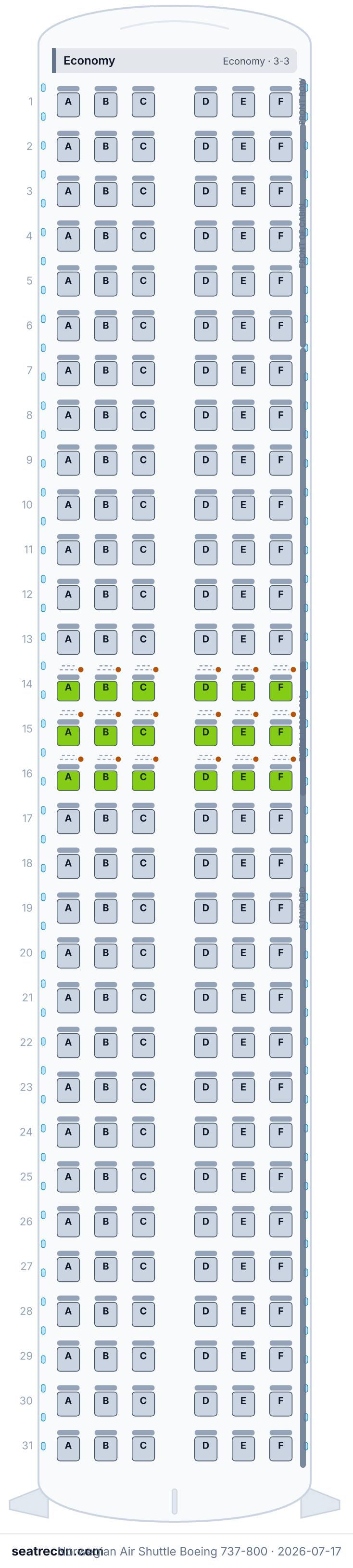 Norwegian Air Shuttle Boeing 737-800 seat map diagram — Economy (186 seats)