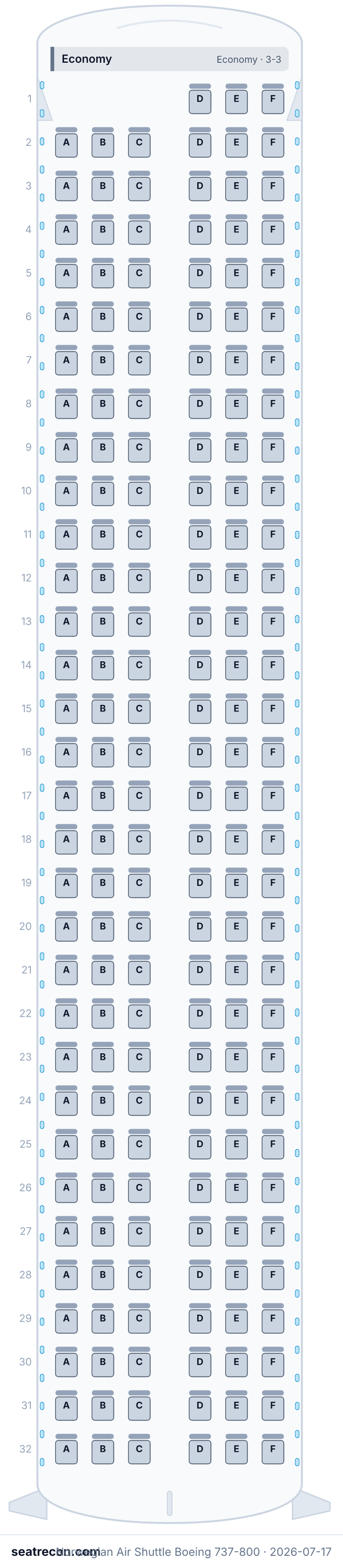 Norwegian Air Shuttle Boeing 737-800 seat map diagram — Economy (189 seats)