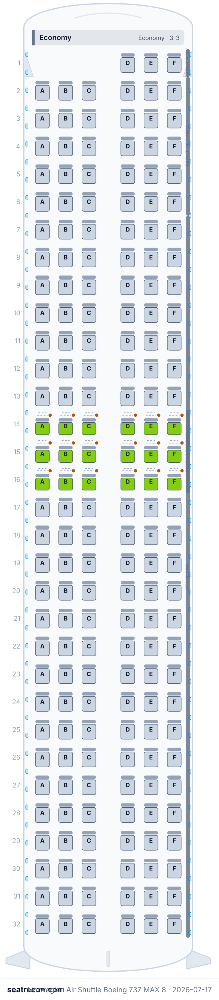 Norwegian Air Shuttle Boeing 737 MAX 8 seat map diagram — Economy (189 seats)