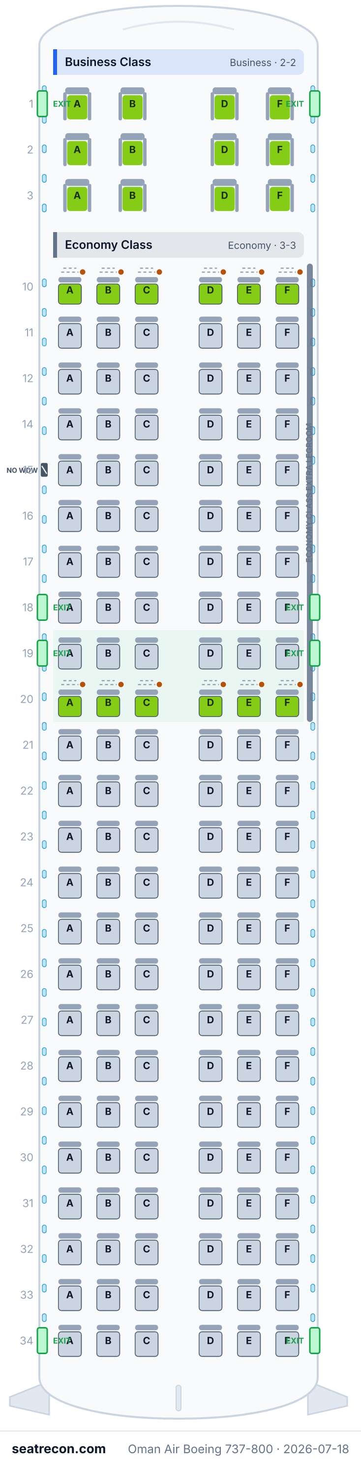Oman Air Boeing 737-800 seat map diagram — Business Class, Economy Class (156 seats)