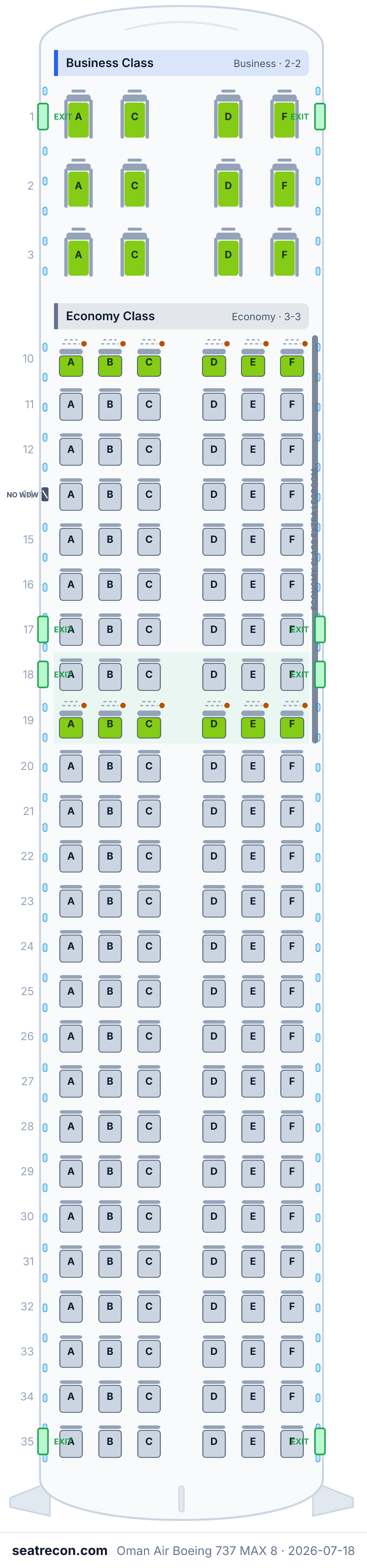 Oman Air Boeing 737 MAX 8 seat map diagram — Business Class, Economy Class (162 seats)