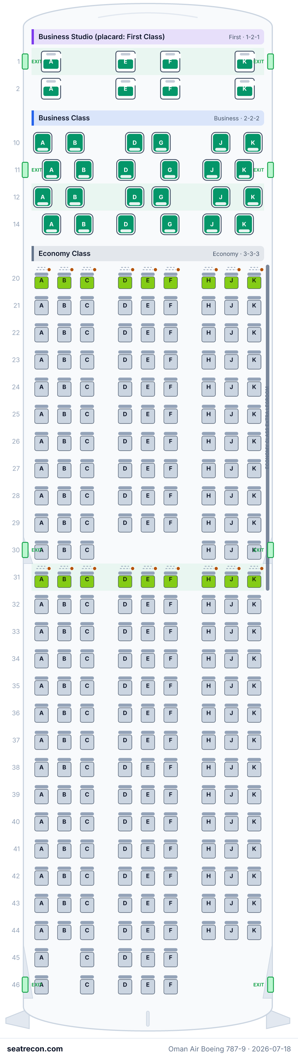 Oman Air Boeing 787-9 seat map diagram — Business Studio (placard: First Class), Business Class, Economy Class (264 seats)