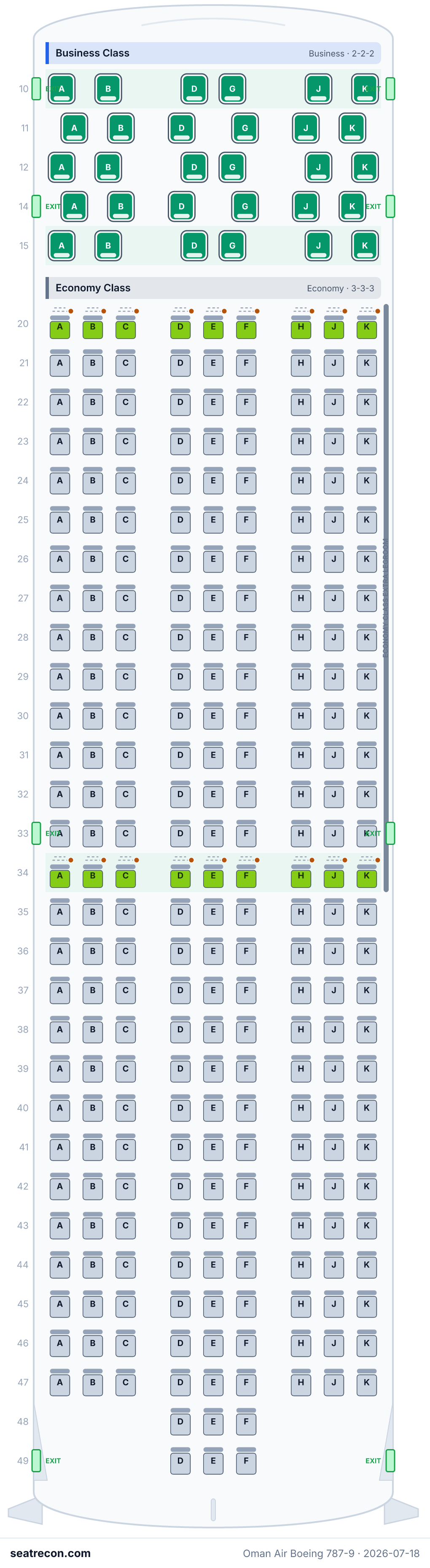 Oman Air Boeing 787-9 seat map diagram — Business Class, Economy Class (288 seats)