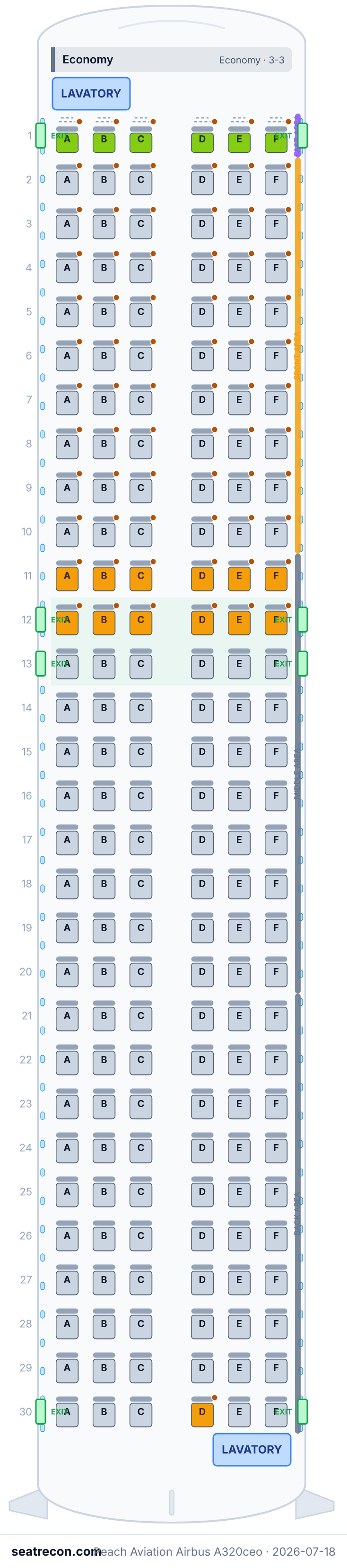 Peach Aviation Airbus A320ceo seat map diagram — Economy (180 seats)