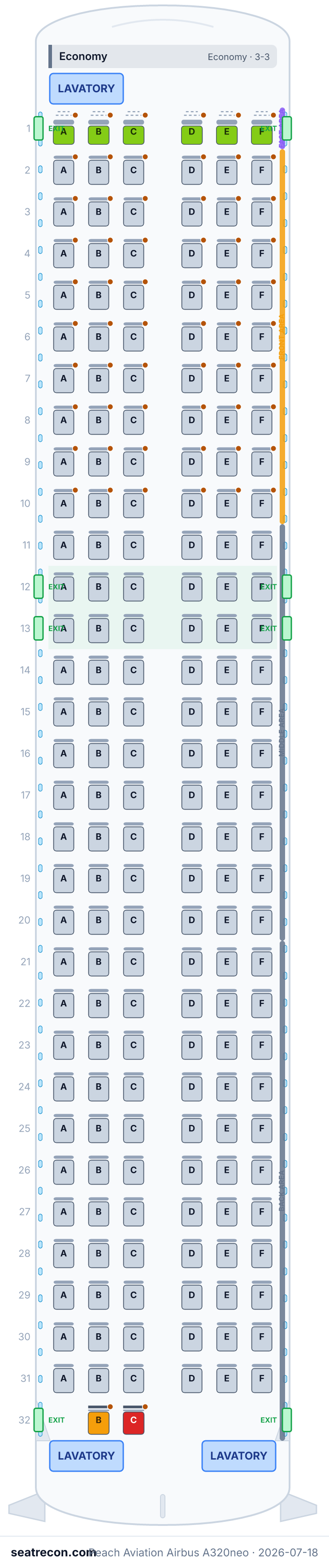 Peach Aviation Airbus A320neo seat map diagram — Economy (188 seats)