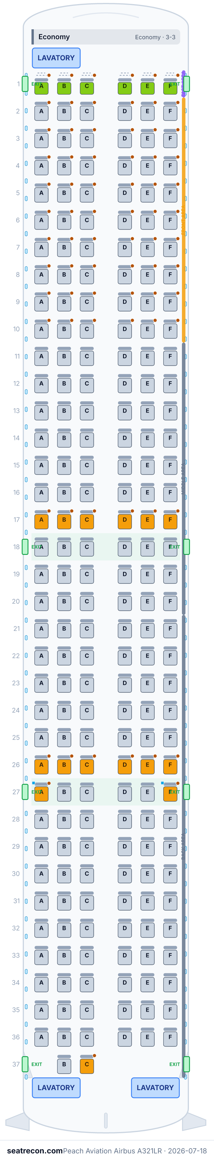 Peach Aviation Airbus A321LR seat map diagram — Economy (218 seats)