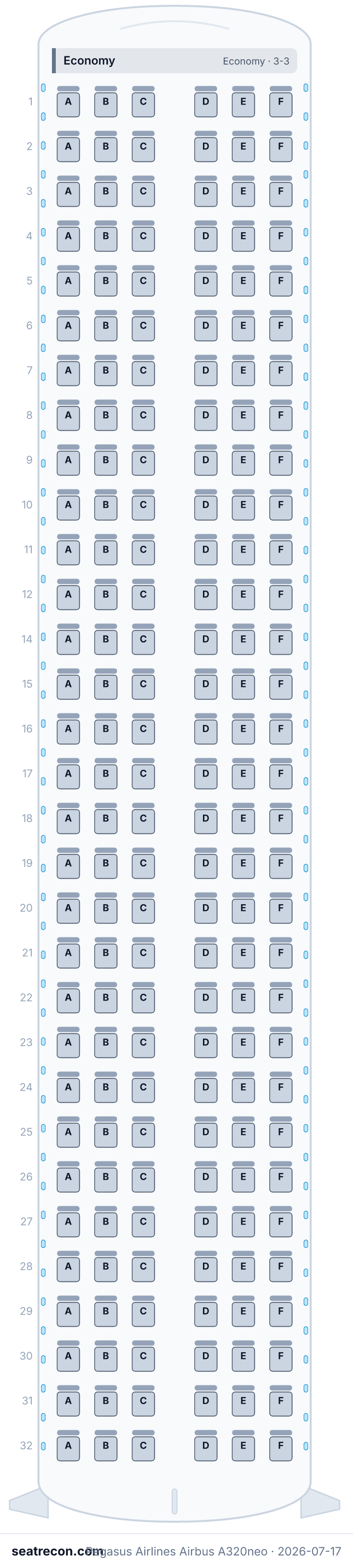 Pegasus Airlines Airbus A320neo seat map diagram — Economy (186 seats)