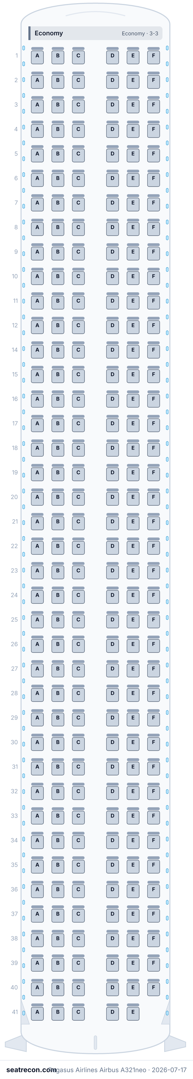 Pegasus Airlines Airbus A321neo seat map diagram — Economy (239 seats)