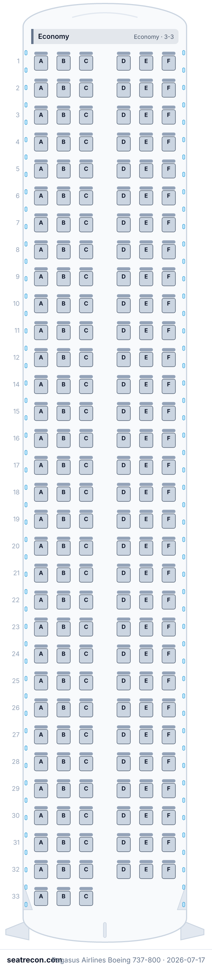 Pegasus Airlines Boeing 737-800 seat map diagram — Economy (189 seats)