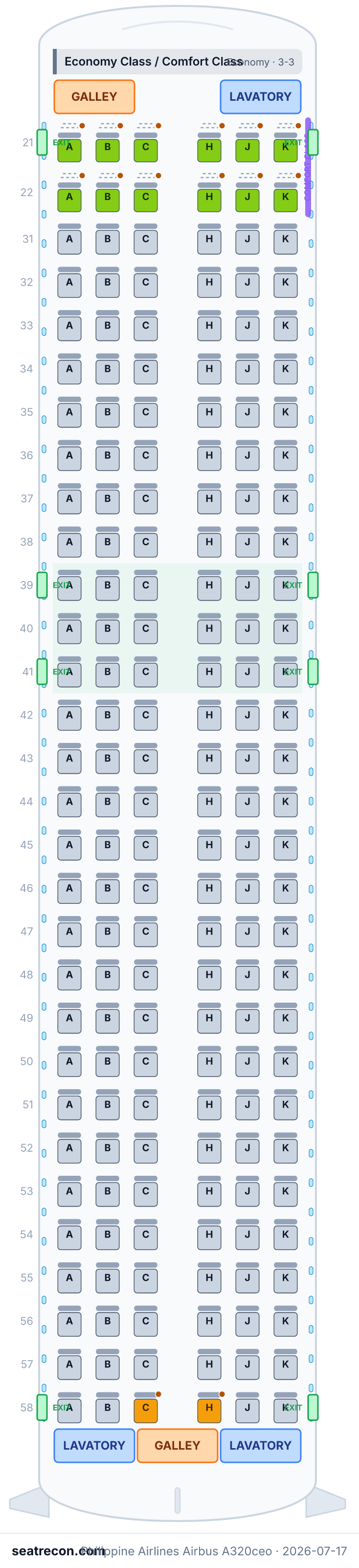 Philippine Airlines Airbus A320ceo seat map diagram — Economy Class / Comfort Class (180 seats)