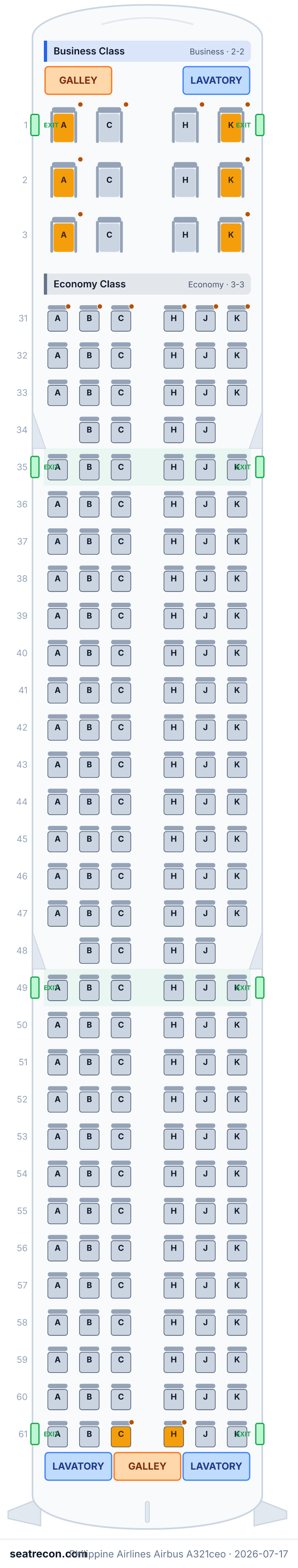 Philippine Airlines Airbus A321ceo seat map diagram — Business Class, Economy Class (194 seats)