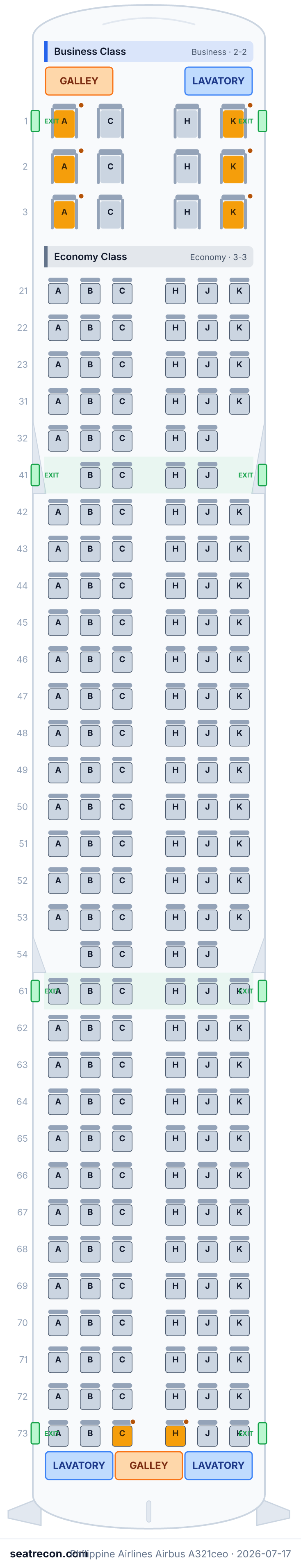 Philippine Airlines Airbus A321ceo seat map diagram — Business Class, Economy Class (199 seats)