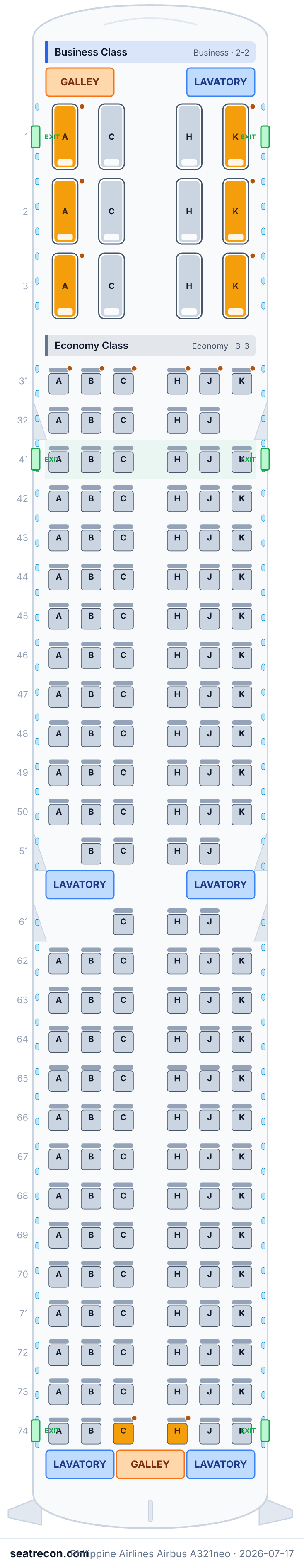 Philippine Airlines Airbus A321neo seat map diagram — Business Class, Economy Class (168 seats)