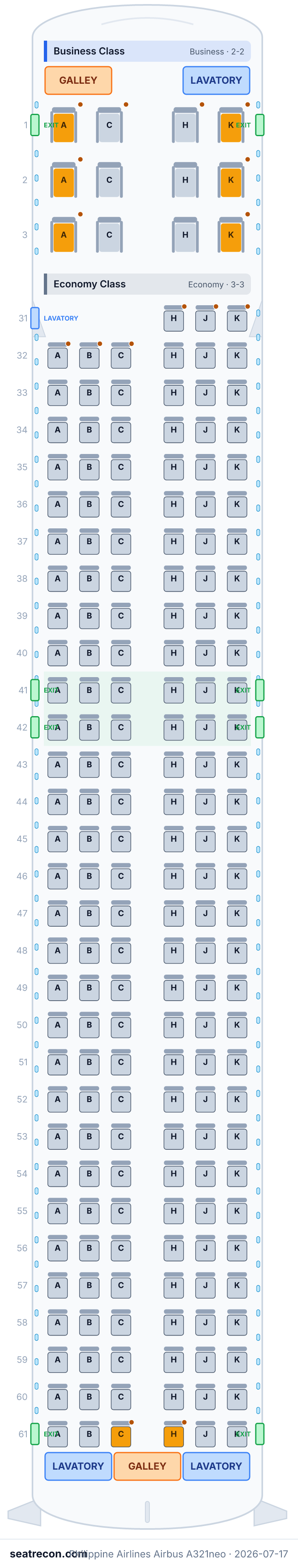 Philippine Airlines Airbus A321neo seat map diagram — Business Class, Economy Class (195 seats)