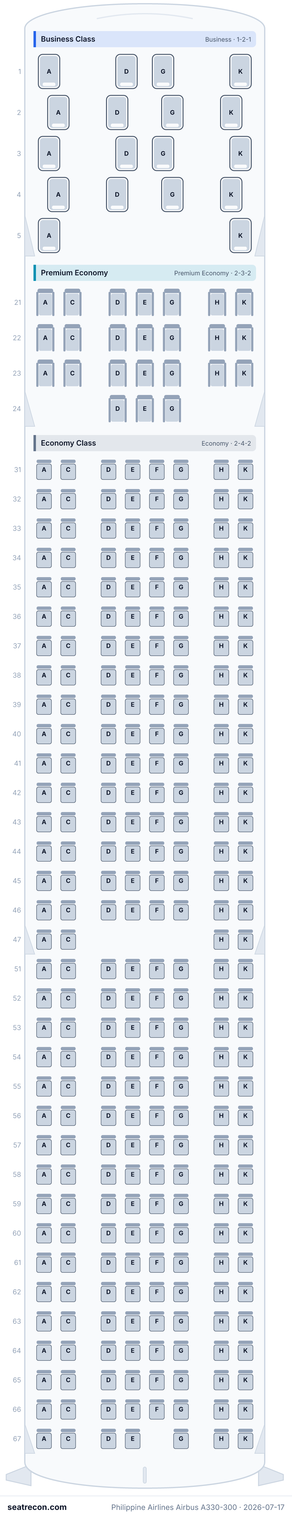 Philippine Airlines Airbus A330-300 seat map diagram — Business Class, Premium Economy, Economy Class (309 seats)