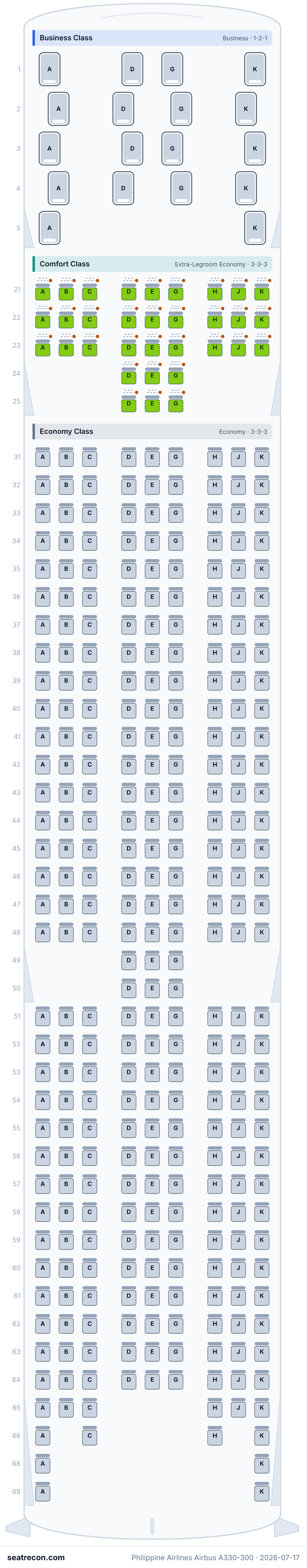 Philippine Airlines Airbus A330-300 seat map diagram — Business Class, Comfort Class, Economy Class (359 seats)