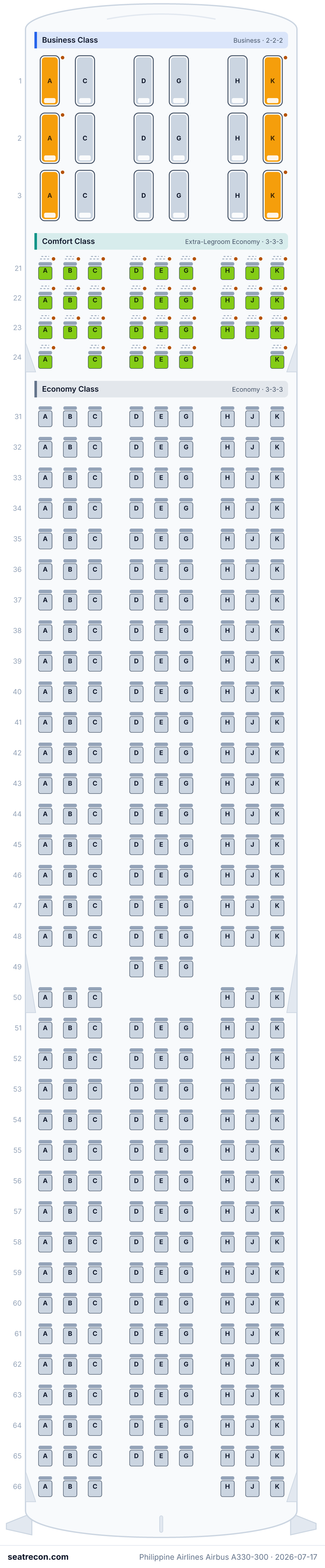 Philippine Airlines Airbus A330-300 seat map diagram — Business Class, Comfort Class, Economy Class (363 seats)