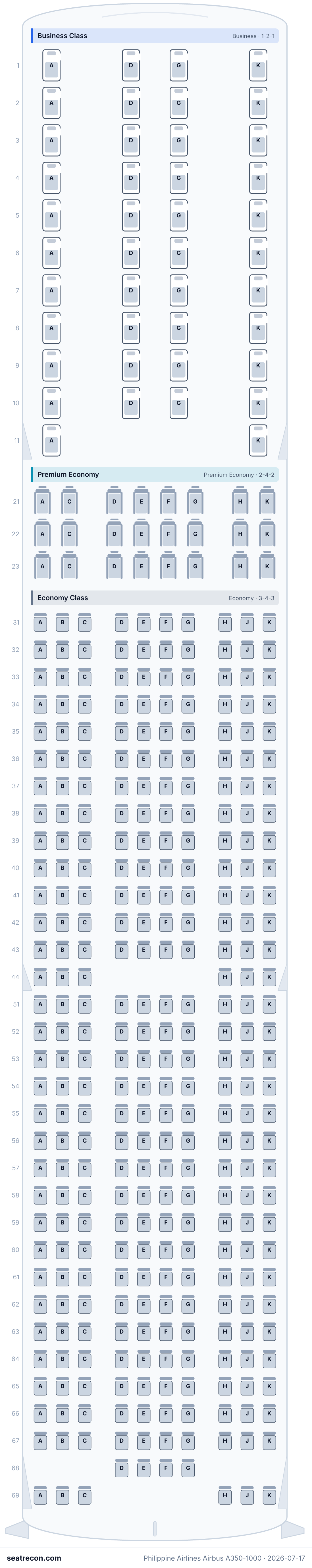 Philippine Airlines Airbus A350-1000 seat map diagram — Business Class, Premium Economy, Economy Class (382 seats)