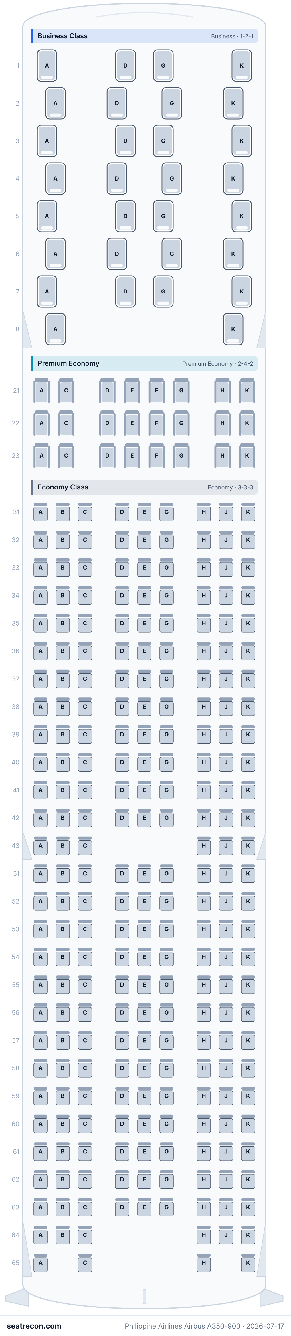 Philippine Airlines Airbus A350-900 seat map diagram — Business Class, Premium Economy, Economy Class (295 seats)
