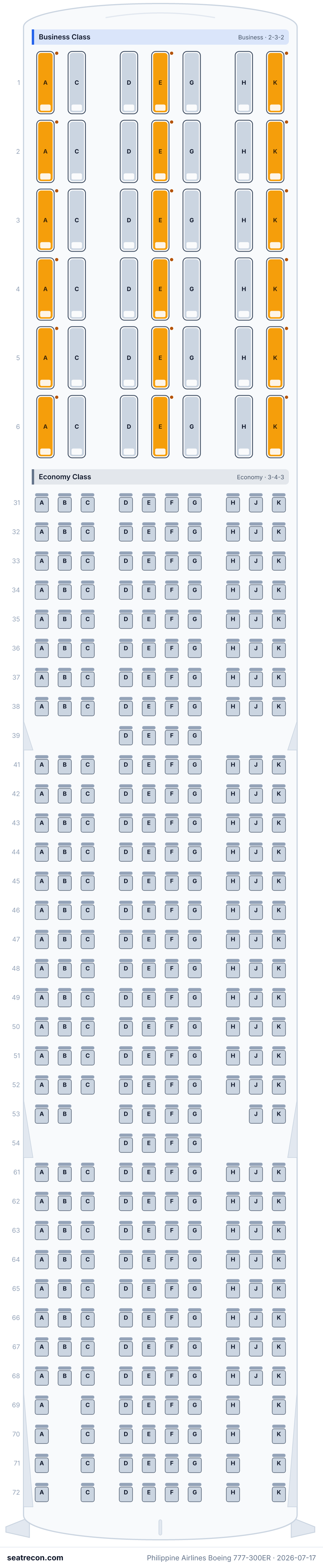 Philippine Airlines Boeing 777-300ER seat map diagram — Business Class, Economy Class (370 seats)